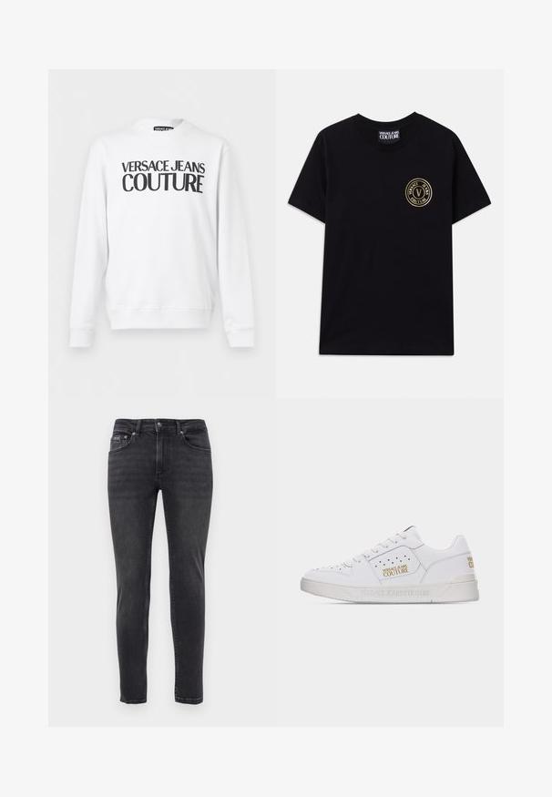 Sudadera blanca de manga larga con cuello redondo y texto negro "Versace Jeans Couture" impreso en el pecho.; Camiseta de algodón negra con cuello redondo y mangas cortas. Presenta un logo circular dorado en el lado izquierdo del pecho. Diseño simple y sin adornos.; Jeans de denim negros ajustados con cinco bolsillos y cierre de botón y cremallera, exhibidos sobre un fondo blanco liso.; Zapatilla blanca de corte bajo con detalles perforados, cierre de cordones y logos dorados de "Versace Jeans Couture" en el lateral y el talón.