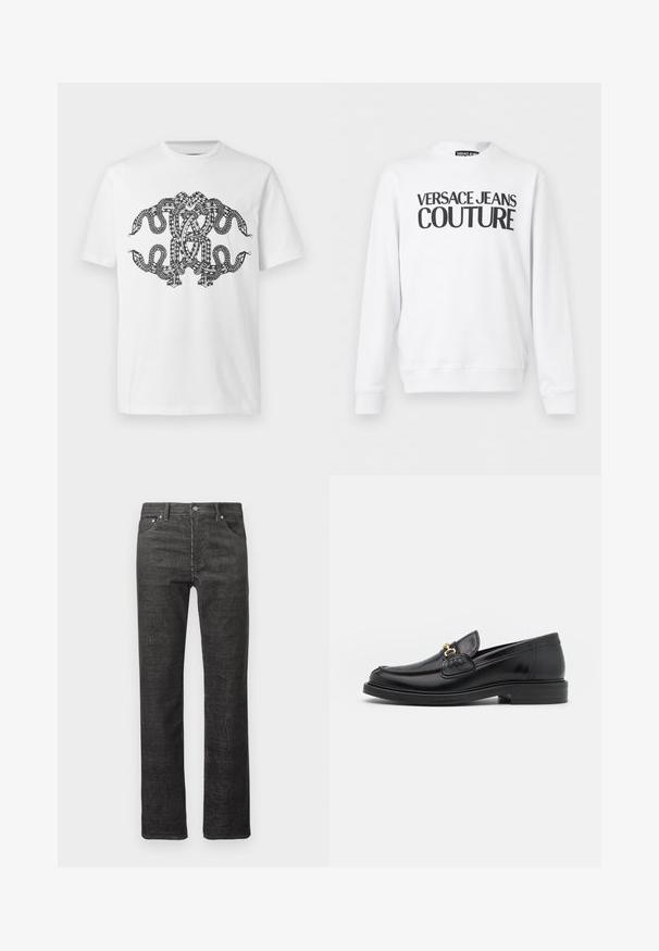 Sweat-shirt blanc à manches longues et col rond avec le texte noir "Versace Jeans Couture" imprimé sur la poitrine.; T-shirt blanc avec un motif noir complexe et symétrique de serpents entrelacés sur le devant.; Jean droit en velours côtelé noir avec poches avant et arrière, passants de ceinture et fermeture à bouton sur fond blanc.; Mocassins en cuir noir avec un embout rond, présentant des accents en métal doré et des détails de couture, montés sur une semelle en caoutchouc texturé et basse.