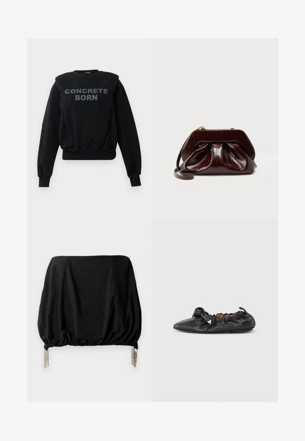 Sweatshirt noir à manches longues avec des poignets et un ourlet côtelés, arborant un texte en gras gris "CONCRETE BORN" au centre de l'avant.; Top court noir avec un design froncé, présentant un ourlet élastique et des clips métalliques comme accents. Fabriqué en tissu léger.; Ballerine plate en cuir noir froncé avec bout pointu et petite décoration triangulaire métallique sur le côté, semelle plate.; Pochette en cuir brillant marron foncé avec un design plissé et une fine lanière pour poignet sur fond blanc.