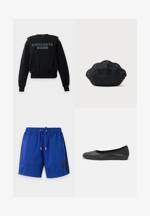 Sudadera negra de manga larga con puños y dobladillo acanalados, que presenta un audaz texto gris "CONCRETE BORN" en el centro del frente.; Pantalones cortos deportivos azules con una cintura elástica, cordón, rayas negras laterales y un diseño de heráldica floral. Textura de tela suave.; Bailarina de piel negra con punta redondeada, textura suave, detalle de costura minimalista y diseño de suela flexible.; Bolso de mimbre negro con forma de concha de vieira con parte superior curva y textura tejida sobre un fondo liso.
