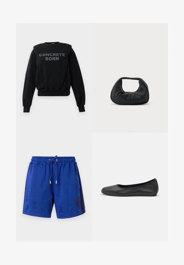 Sudadera negra de manga larga con puños y dobladillo acanalados, que presenta un audaz texto gris "CONCRETE BORN" en el centro del frente.; Pantalones cortos deportivos azules con una cintura elástica, cordón, rayas negras laterales y un diseño de heráldica floral. Textura de tela suave.; Bailarina de piel negra con punta redondeada, textura suave, detalle de costura minimalista y diseño de suela flexible.; Bolso hobo tejido negro con estructura suave y asa integrada, exhibido sobre un fondo liso y claro.