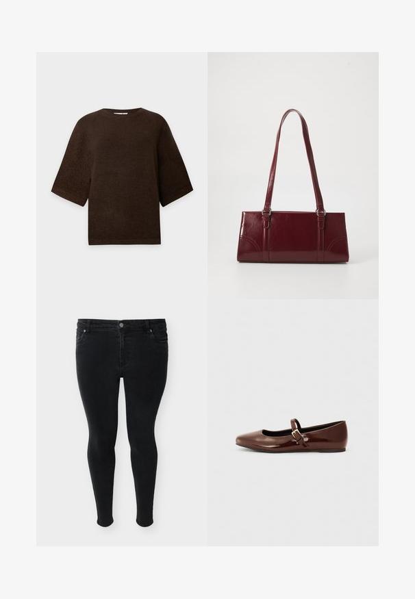 Pull tricoté marron à manches courtes avec un col rond et un ourlet droit sur fond blanc uni.; Jean skinny noir avec bouton frontal, fermeture éclair et style cinq poches, présenté sur un fond uni.; Ballerine en cuir verni marron avec un bout carré et une lanière ornée d'une petite boucle dorée. Texture lisse, talon bas et design minimaliste.; Sac à main bordeaux en matériau brillant, de forme rectangulaire, avec deux anses et des accents légèrement courbés à l'avant.