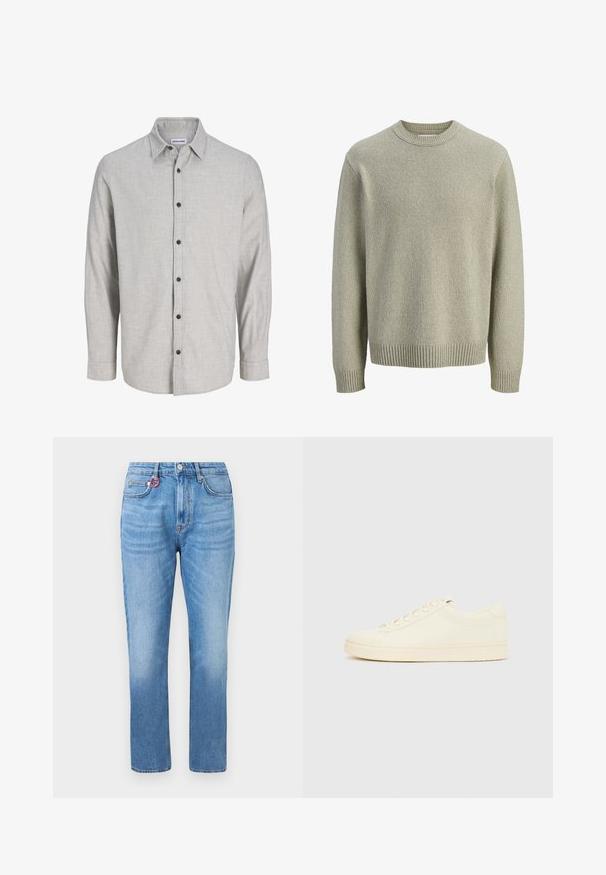 Lichtbeige gebreide trui met een ronde hals, lange mouwen en geribbelde manchetten. De textuur is zacht met een subtiel, fijn patroon overal.; Lichtgrijze langemouwenshirt van gestructureerde stof. Heeft een button-down kraag en zes zwarte knopen aan de voorkant.; Lichtblauwe recht-uitlopende jeans met een hoge taille, voorzakken, knoopsluiting en een kleine rode ring aan de rechter voorste broeklus.; Slofkleurige sneaker met een glad leren bovenwerk, ronde neus, vetersluiting en een geribbelde rubberen zool. Minimalistisch ontwerp, zonder logo's.
