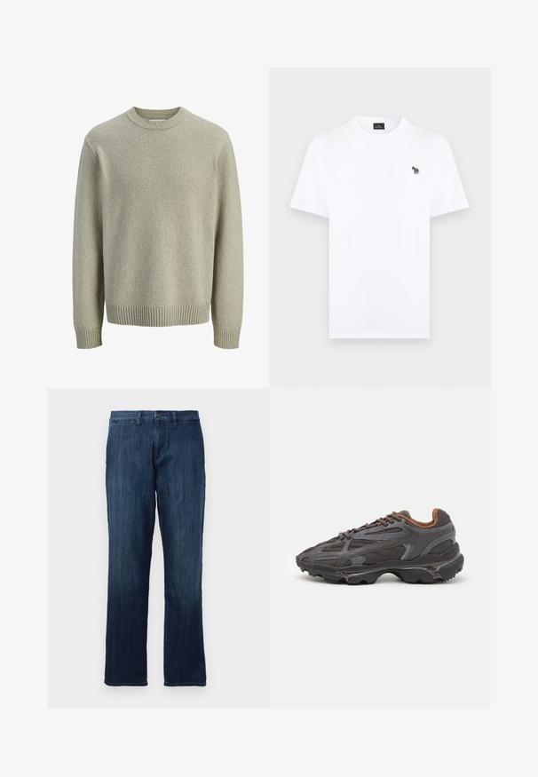 Lysebeige strikket sweater med rund hals, lange ærmer og ribbede manchetter. Teksturen er blød med et subtilt, fint mønster over det hele.; Hvid T-shirt med korte ærmer og rund halsudskæring, med en lille multifarvet zebra-logo broderet på venstre bryst.; Mørkeblå denimjeans med lige ben-design, der har en frontlukning med knap og standard fem-lomme stil. Glat tekstur og medium vægt.; Lacoste sneakers i mørkegrå med mesh og syntetisk materiale, udstyret med en tekstureret sål og brune accenter på kraven og brandingen.
