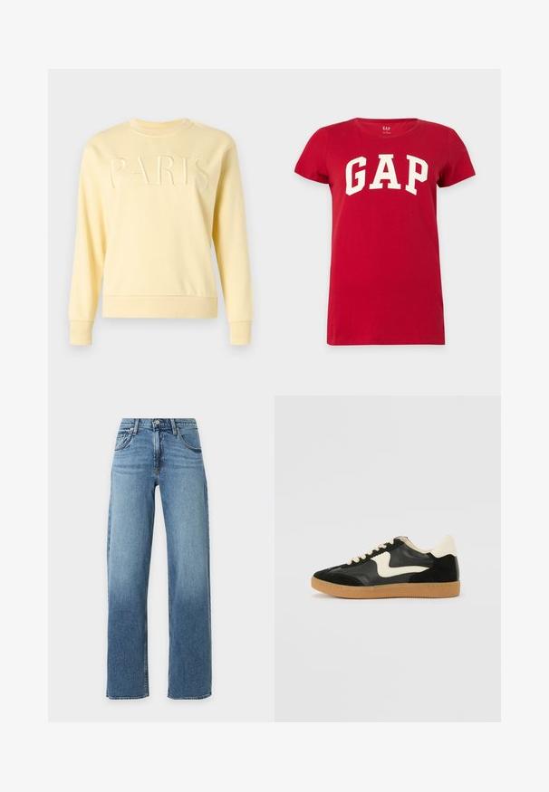 Sweat-shirt à col rond jaune pâle avec manches longues et texte "PARIS" brodé en relief sur la poitrine.; T-shirt rouge à manches courtes avec un grand logo GAP blanc sur la poitrine, présenté sur un fond uni.; Jean bleu taille haute à jambes droites avec poches avant, passants de ceinture, et fermeture par bouton et fermeture éclair.; Baskets en daim et cuir noir avec un swoosh latéral crème et un talon crème clair. Dotées de lacets beige et d'une semelle en caoutchouc gomme.