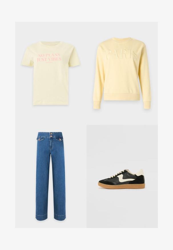 Sweat-shirt à col rond jaune pâle avec manches longues et texte "PARIS" brodé en relief sur la poitrine.; T-shirt jaune clair à manches courtes avec un texte rose disant "NO PLANS JUST VIBES" et un plus petit "PEPE JEANS" sous le texte.; Jean en denim bleu taille haute avec jambes larges, deux poches à rabat boutonnées à l'avant et boutons couleur cuivre à la ceinture.; Baskets en daim et cuir noir avec un swoosh latéral crème et un talon crème clair. Dotées de lacets beige et d'une semelle en caoutchouc gomme.