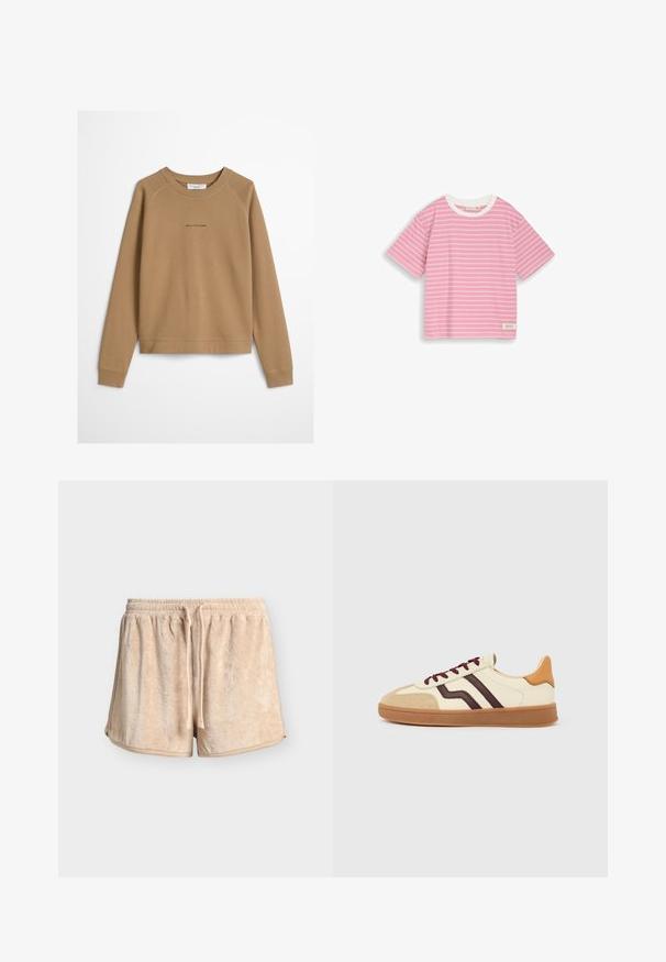 Sweat-shirt beige à manches longues, col rond et coutures raglan. Présente un logo subtil dans une teinte plus foncée à l'avant. Texture lisse.; T-shirt court à manches courtes en rose clair avec des rayures horizontales blanches, doté d'un col rond blanc et d'un tissu en coton doux.; Short beige en tissu éponge doux avec taille élastique et cordon, conçu pour un usage décontracté ou détente.; Baskets basses avec empeigne crème, bandes latérales marron foncé, bout en daim marron clair, lacets marron et semelle gomme sur fond blanc.