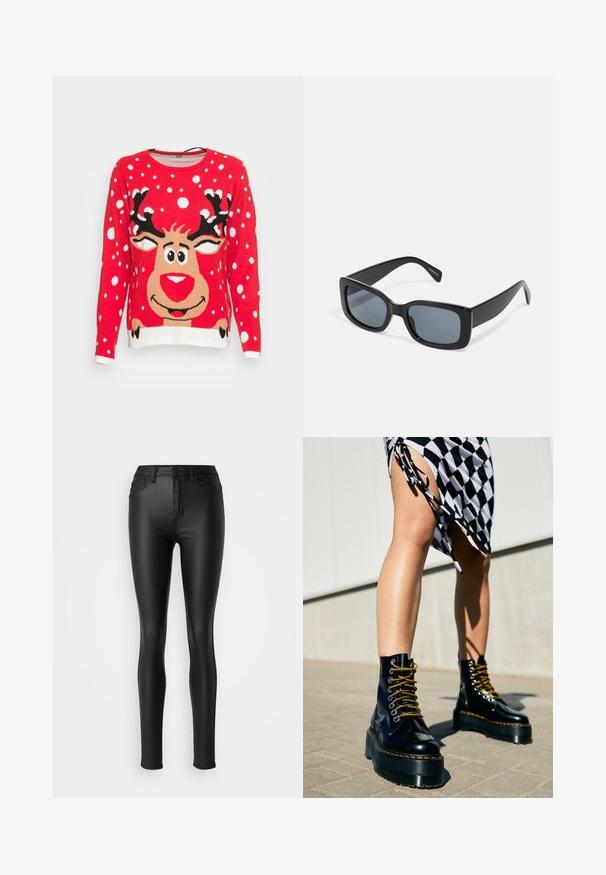 Rød strikket sweater med et rensdyrdesign, snefnug og hvid kant. Rensdyret har et rundt ansigt, store øjne og sorte gevirer.; Sorte leggings i imitation læder med en glat tekstur, tætsiddende design, mellemhøj talje og klassisk fem-lomme stil.; Sorte læder platform støvler med chunky såler, guld snørebånd og orange syninger, kombineret med en ternet nederdel med en sideslids.; Sorte rektangulære solbriller med mørkt tonede linser, tyk plastramme og brede stænger. Glat overflade og kantet design.