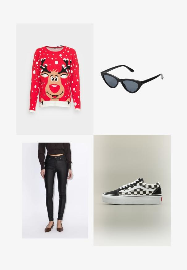 Rød strikket sweater med et rensdyrdesign, snefnug og hvid kant. Rensdyret har et rundt ansigt, store øjne og sorte gevirer.; Kvinde iført sorte høj-taljede skinny bukser, en kropsnær mørkebrun knapbluse og brune spidse hæle.; Klassisk lavtop sneaker med sort-hvid ternet mønster, hvide snørebånd og tyk hvid sål på neutral baggrund.; Sorte katteøje solbriller med mørkegrå linser, slankt plastisk stel, spidse hjørner og lige stænger. Ingen synlig hardware eller dekorationer.