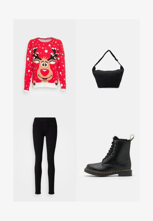 Pull en tricot rouge avec un motif de renne, des flocons de neige et des bordures blanches. Le renne a un visage rond, de grands yeux et des cornes noires.; Pantalons slim fit noirs avec fermeture à bouton, passants de ceinture et poches avant, présentés sur un fond clair et uni.; Bottines en cuir noir avec un bout rond, doublure en fourrure, œillets en argent et coutures jaunes le long de la semelle. Semelle extérieure en caoutchouc robuste.; Sac à épaule en tissu noir avec une surface texturée douce, de forme arrondie et une seule sangle. Design minimaliste sans accessoires ni quincaillerie visibles.