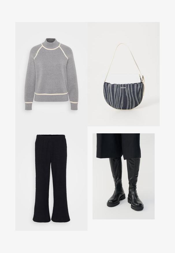 Grå pullover sweater med høj hals, ribbet tekstur og cremefarvet kant langs kraven og denne. Har raglanærmedesignet.; Sorte, flagrende bukser med et tekstureret stof og elastisk talje. Designet er i fuld længde med en blød finish.; Sorte læder knæhøje støvler med en glat tekstur, kraftige såler og side-lynlåse. Designet har diskrete sømdetaljer.; Denim taske med en buet form, der har et navy og lyseblåt zebra-stribemønster, hvid strop og brandlogoet tydeligt præsenteret.