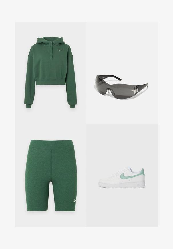 Vihreä lyhyt huppari pehmeästä kankaasta, jossa on napitettava kaulus, pitkät hihat, ribbineulotut resorit ja valkoinen Nike-logo rinnassa.; Vihreät urheilushortsit joustavasta kankaasta. Korkea vyötärömalli, jossa litteät saumat ja valkoinen Nike-logo vasemman alareiden kohdalla.; Valkoiset nahkakengät, joissa on mintunvihreä Nike-logon ja kantapään yksityiskohta, teksturoitu pohja ja klassinen nauhoitus.; Musta aurinkolasit, joissa on ympäröivä muotoilu, tummat tummennuslinssit, kiiltävät tähtimuotoiset koristeet ja säädettävät nenätyynyt.