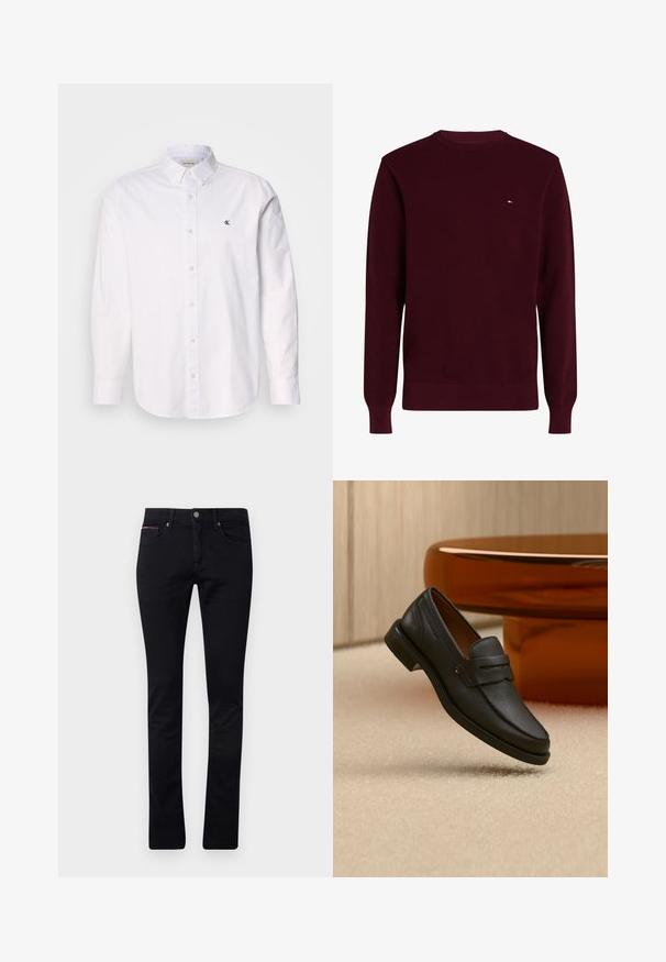 Donkerrode trui met ronde hals en klein rechthoekig logo op de linkerborst, lange mouwen en geribde boorden aan mouwen en zoom.; Witte button-up shirt gemaakt van katoen, met een klassieke kraag, lange mouwen en een klein CK-logo op de linkerborst. Glad oppervlak.; Zwarte spijkerbroeken van denim, met een slim fit, vijf-pocket ontwerp en een kleine rode en blauwe accent op de voorzak.; Zwarte leren herensloffen met een band over de bovenkant, getoond op een beige tapijt vlakbij een bruine moderne ronde tafel.