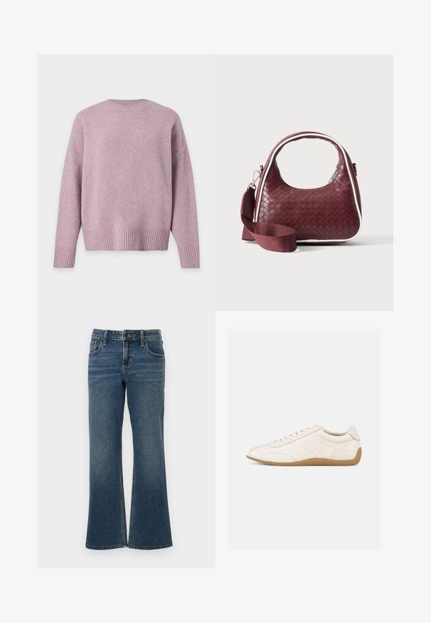 Suave jersey lila claro con cuello redondo, mangas largas y puños y bajo acanalados, mostrado plano sobre un fondo blanco.; Pantalones vaqueros de mezclilla oscuros de corte acampanado con cintura alta, cinco bolsillos y costuras contrastantes. El tejido tiene una textura suave y ligeramente desgastada.; Zapatilla deportiva de cuero blanco con textura suave, punta redondeada y costuras tono sobre tono. Cuenta con una suela de goma color cuero y cierre de cordones.; Bolso de mano de cuero tejido color granate con asa curva, ribete blanco, cremallera plateada y correa desmontable de tela ancha para el hombro sobre fondo liso.