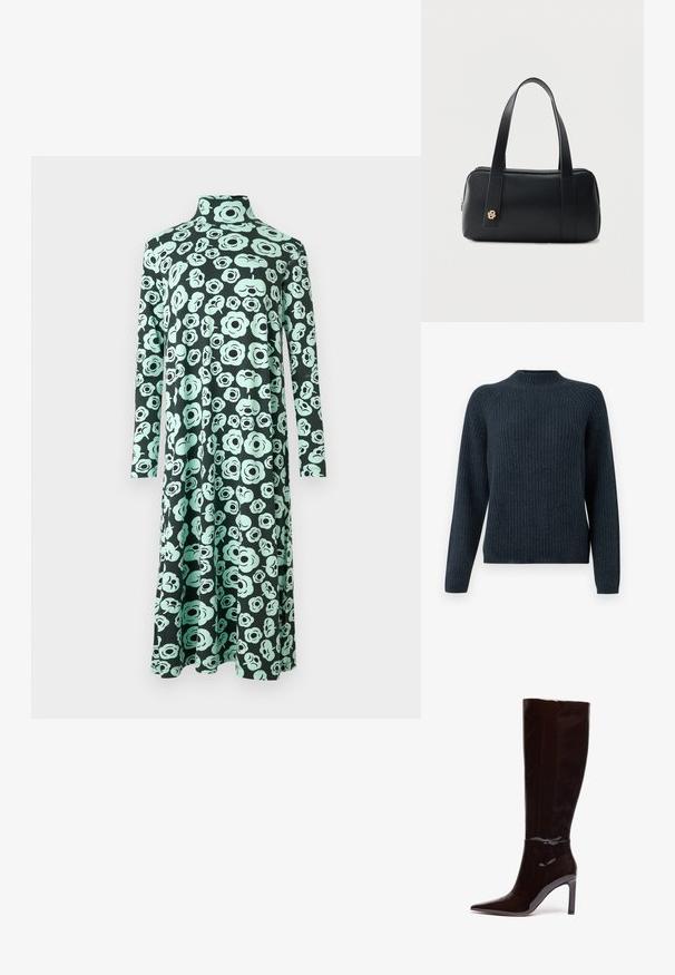 Mørkeblå ribbestrikket sweater med lange ærmer, rund hals og et tekstureret strikdesign. Har en afslappet pasform og ingen synlige detaljer.; Langærmet kjole med høj hals og udvidet skødesøm, der har en sort base og et lyst turkis abstrakt blomsterprint.; Knehøje sorte patentlæderstøvler med spids tå og stiletthæl, der har en glat, blank overflade og et strømlinet design.; Sort rektangulær læderhåndtaske med to lange håndtag og et lille gyldent logo på den forreste rem, sat mod en ensfarvet baggrund.
