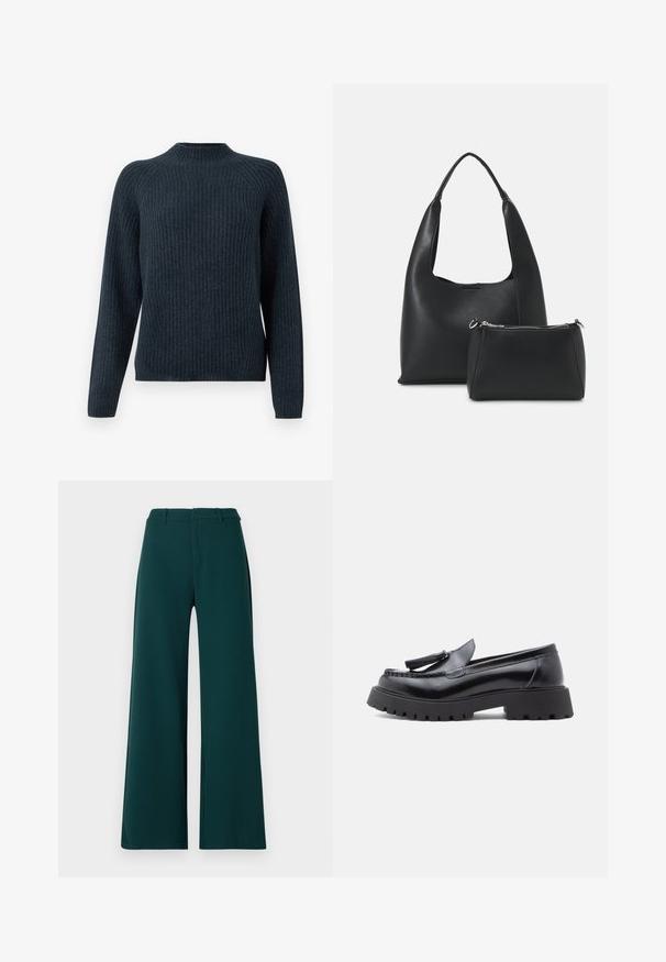 Pull en maille côtelée bleu marine avec des manches longues, un col rond et un design texturé. Il présente une coupe décontractée et n'a pas d'accessoires visibles.; Pantalons à jambes larges en tissu vert foncé. Présentent une taille haute, des plis avant et des passants de ceinture. Texture lisse et design ajusté.; Mocassins en cuir noir avec une forme effilée, un détail à pampilles, et une semelle en caoutchouc épaisse présentant un motif cramponné pour une meilleure adhérence.; Even&Odd by Zalando Sac à main - black