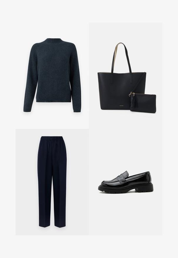 Suéter de canalé de color azul oscuro con mangas largas, cuello redondo y un diseño de punto texturizado. Presenta un ajuste holgado y sin acentos visibles.; Pantalones de pierna ancha en azul marino con cintura elástica y cordón ajustable. Elaborados en tela suave con silueta recta y sin bolsillos.; Mocasín de cuero negro brillante con suela gruesa de tacos y tira tipo "penny", mostrado de perfil sobre un fondo blanco liso.; Bolsa tote negra con material texturizado, dos asas largas y un bolso con cremallera removible que cuenta con un detalle de borlas. Logo de la marca en dorado visible.