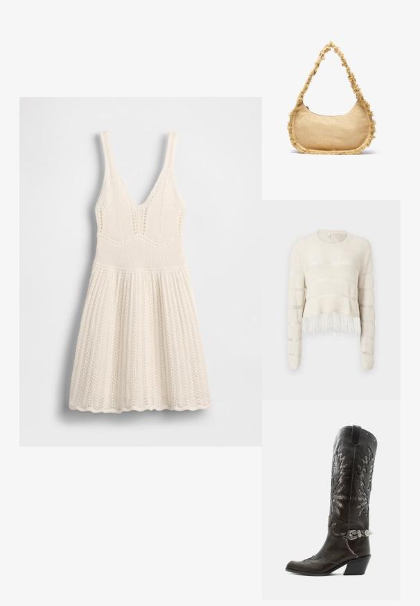 Hellbeiger, kurz geschnittener Pullover mit langen Ärmeln, der horizontale Streifenmuster, offene Strickabschnitte und Fransen am Saum aufweist.; Strickkleid in Creme mit V-Ausschnitt, geripptem Oberteil und ausgestelltem Rock mit wellenförmigem Saum und durchgehendem Lochmuster.; Schwarzer Leder-Cowboystiefel mit dekorativen Ausschnitten, silberner Schnalle und schräger Ferse, auf weißem Hintergrund dargestellt.; Texturierte beige Tasche mit runder Form, ausgefranstem Rand entlang der Kanten und einem kurzen Tragegriff. Mit einem Reißverschluss oben.