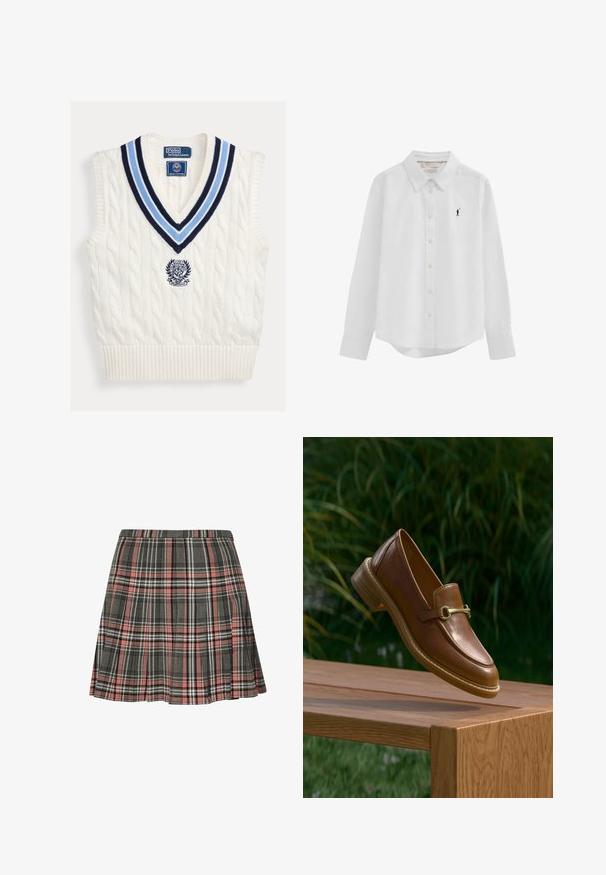 Hvid kabelstrikket ærmeløs sweatervest med blåstribet V-hals og Polo Ralph Lauren Wimbledon-logo på brystet.; Hvid langærmet skjorte med knapper, krave og lille sort broderet polo-spillerlogo på venstre bryst.; Rutnederdel i grå og pink med plisseret design og sorte og hvide accenter. Fremstillet af vævet stof, midt på låret længde.; Brun loafer i læder med guldbeklædt spænde, svævende over en træbænk udendørs med grønne blade i baggrunden.