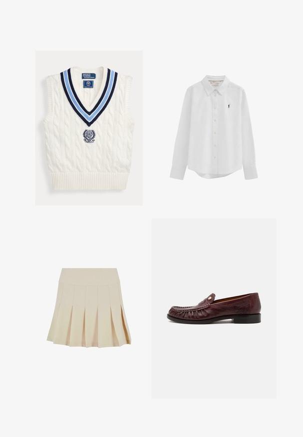 Wit kabelgebreid mouwloos trui-vest met blauw gestreepte V-hals en Polo Ralph Lauren Wimbledon-logo op de borst.; Witte blouse met lange mouwen, knopen en kraag, met een klein zwart geborduurd logo van een polo-speler op de linkerborst.; Beige geplisseerde rok met een aangesloten tailleband, gemaakt van een gladde stof. Kenmerkt zich door meerdere verticale plooien en een rechte zoom.; Donkerbruine leren herensloffer met gestikte mocassinneus, klein gouden embleem bovenop en zwarte lage hielzool.