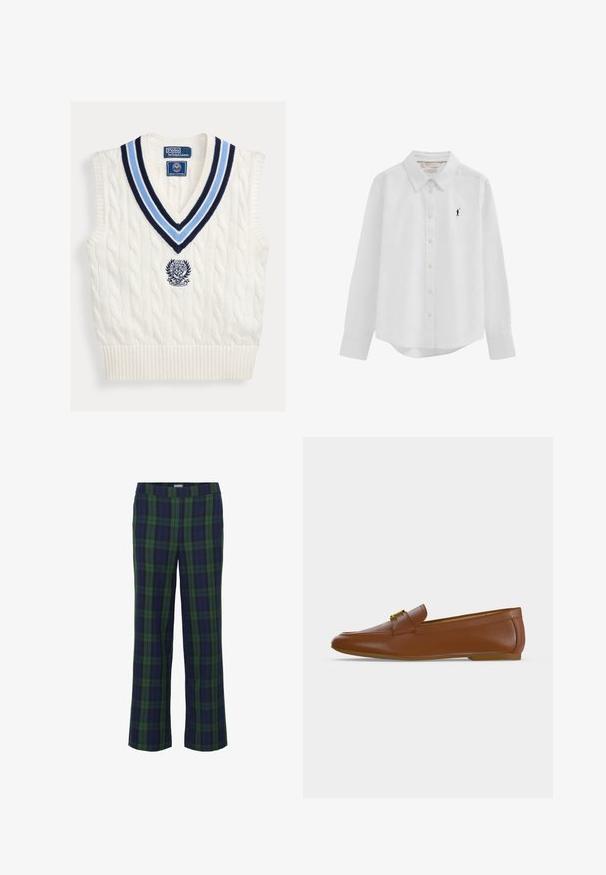 Gilet sans manches en maille torsadée blanche avec col en V rayé bleu et logo Polo Ralph Lauren Wimbledon sur la poitrine.; Chemise blanche à manches longues avec col, boutonnée sur le devant, ornée d'un petit logo brodé noir représentant un joueur de polo sur le côté gauche de la poitrine.; Pantalons à carreaux verts et bleu marine avec une coupe droite et une taille élastique. Le tissu a une texture douce, avec un motif à carreaux classique.; Mocassin en cuir marron avec une boucle dorée et un petit talon plat, vu de profil sur un fond clair uni.