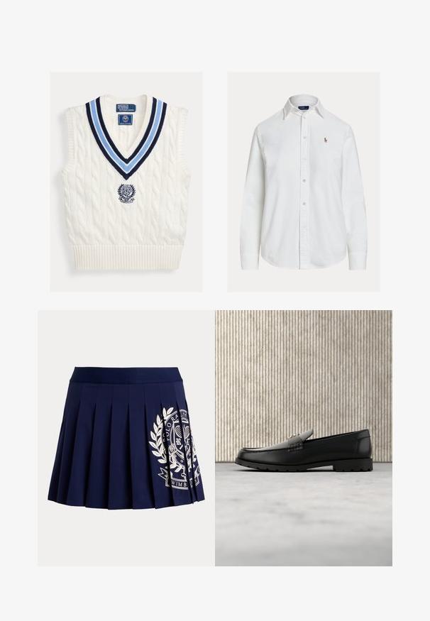 Weißes ärmelloses Strickwest mit Kabelmuster, blau gestreifter V-Ausschnitt und Polo Ralph Lauren Wimbledon-Logo auf der Brust.; Weißes Hemd mit langen Ärmeln, Knopfleiste, Kragen und kleinem besticktem Logo auf der linken Brust, vor einfachem Hintergrund dargestellt.; Marineblauer plissierter Rock mit breitem Bund und weißem Tennis-Wappen-Logo auf der unteren rechten Seite.; Schwarze Lederloafers mit einer hervorgehobenen Naht, goldenem Akzentlogo und strukturiertem Riemen. Mit einer dicken, strapazierfähigen Gummisohle.