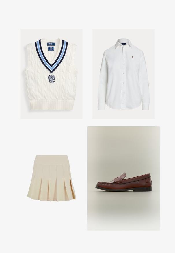 Wit kabelgebreid mouwloos trui-vest met blauw gestreepte V-hals en Polo Ralph Lauren Wimbledon-logo op de borst.; Wit overhemd met lange mouwen, knoopsluiting en kraag en een klein geborduurd logo op de linkerborst, weergegeven op een effen achtergrond.; Beige geplisseerde rok met een aangesloten tailleband, gemaakt van een gladde stof. Kenmerkt zich door meerdere verticale plooien en een rechte zoom.; Bruine leren herenslipper met zwarte zool en decoratieve band, zijaanzicht op een neutrale achtergrond.