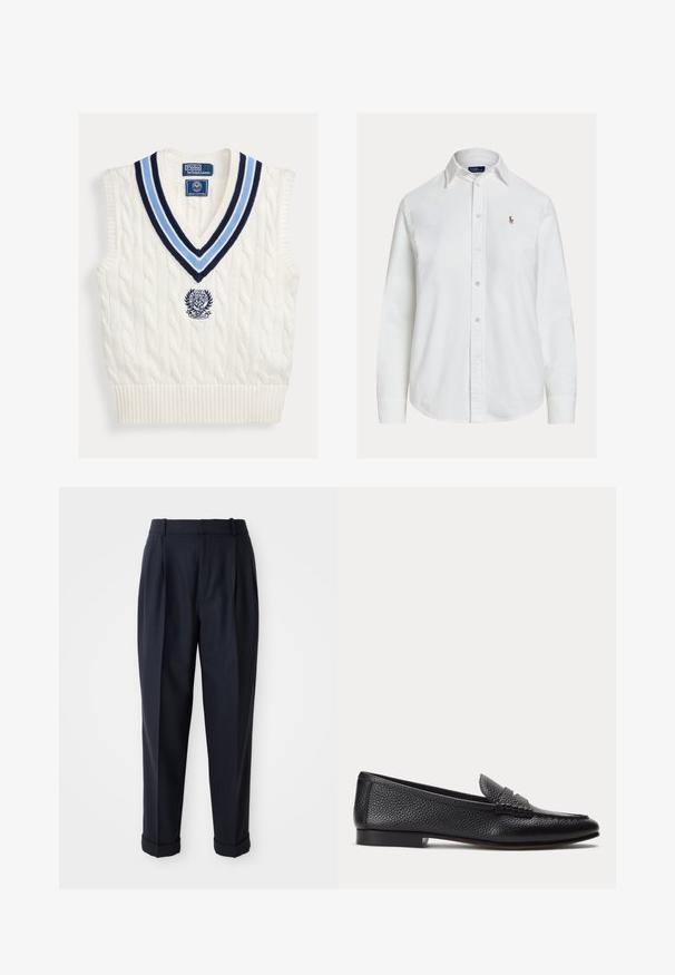 Biely pletený bezrukávový sveter bez rukávov s modrým pruhovaným výstrihom do V a logom Polo Ralph Lauren Wimbledon na hrudi.; Biela košeľa s dlhými rukávmi na gombíky, golierom a malým vyšívaným logom na ľavej strane hrude, zobrazená na jednoduchom pozadí.; Tmavomodré nohavice vyrobené z hladkej tkaniny, s plisovaným predným dielom, zúženými nohavicami a manžetami na členkoch. Strih na mieru s pútkami na opasok.; Čierny textúrovaný kožený mokasín s nízkym podpätkom a klasickým remienkom na mincu, zobrazený z profilu na jednoduchom svetlom pozadí.