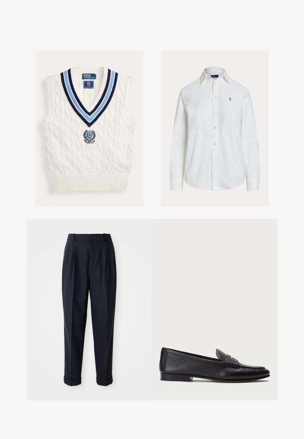 Hvid kabelstrikket ærmeløs sweatervest med blåstribet V-hals og Polo Ralph Lauren Wimbledon-logo på brystet.; Hvid langærmet skjorte med knapper og krave samt lille broderet logo på venstre bryst, vist på ensfarvet baggrund.; Mørkeblå bukser lavet af glat stof, med plisseret front, tapered ben og manchetter ved anklerne. Skræddersyet design med bæltestropper.; Sorte læder loafers med struktureret finish, der har en dekorativ rem og flad hæl. Slank, minimalistisk design med rund tå.