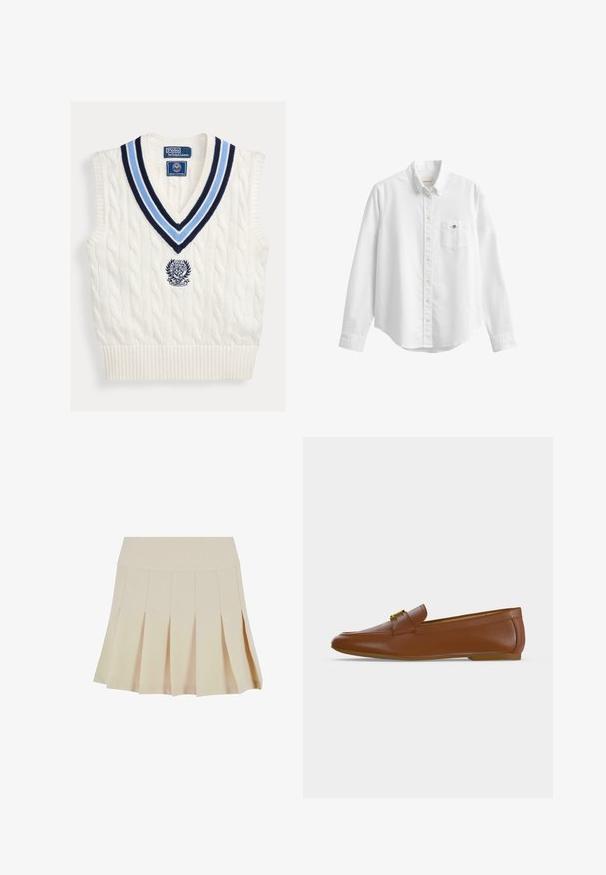 Biely pletený bezrukávový sveter bez rukávov s modrým pruhovaným výstrihom do V a logom Polo Ralph Lauren Wimbledon na hrudi.; Biela košeľa s dlhým rukávom, gombíkmi, golierom a náprsným vreckom s malým vyšívaným logom na jednofarebnom pozadí.; Bežová plisovaná sukňa s priliehavým pásom, vyrobená z hladkej tkaniny. Má niekoľko vertikálnych plisovaní a rovný lem.; Hnedý kožený mokasín so zlatou prackou a nízkym plochým podpätkom, zobrazený z bočného profilu na jednoduchom svetlom pozadí.