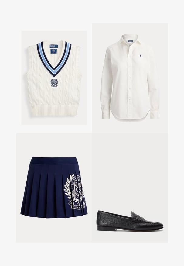 Hvid kabelstrikket ærmeløs sweatervest med blåstribet V-hals og Polo Ralph Lauren Wimbledon-logo på brystet.; Hvid langærmet skjorte med knapper, krave og lille blåt logo af en polospiller på venstre bryst.; Marineblå plisseret nederdel med bred linning og hvid tennisinspireret logo på nederste højre side.; Sorte læder loafers med struktureret finish, der har en dekorativ rem og flad hæl. Slank, minimalistisk design med rund tå.