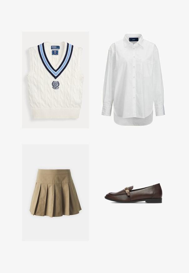 Chaleco sin mangas blanco de punto con cuello en V a rayas azules y logotipo de Polo Ralph Lauren Wimbledon en el pecho.; Camisa blanca de manga larga en algodón suave con cuello abotonado, bolsillo frontal y dobladillo curvado. Cuenta con un canesú en la parte posterior para mayor estructura.; Falda de tono caqui con pliegues y cinturilla ajustada, hecha de una tela de algodón, con una textura uniforme y un diseño corto y acampanado.; Mocasín de cuero marrón oscuro con un tacón bajo y hebilla metálica dorada en la parte superior, mostrado de lado sobre un fondo blanco.