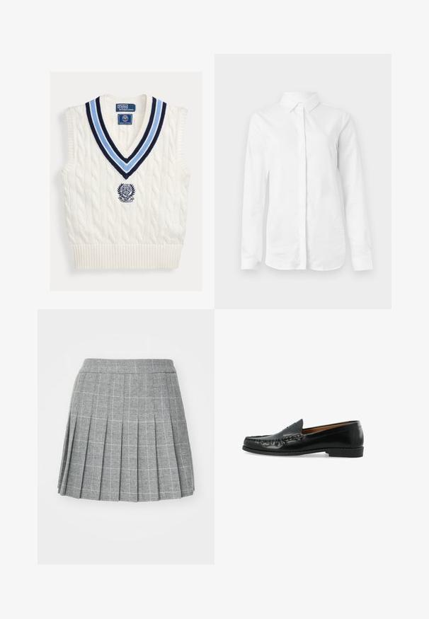 Gilet sans manches en maille torsadée blanche avec col en V rayé bleu et logo Polo Ralph Lauren Wimbledon sur la poitrine.; Chemise blanche à manches longues en coton lisse. Présente un col classique et un devant à boutons avec un ourlet droit et sans motifs.; Jupe plissée en tissu gris à motif à carreaux. Elle présente une ceinture cintrée et plusieurs plis verticaux pour un look structuré.; Des mocassins en cuir noir présentent un dessus de style mocassin avec des coutures surélevées et une semelle en caoutchouc plate. Le design est minimaliste, sans embellissements visibles.