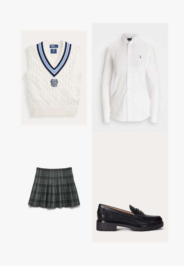 Wit kabelgebreid mouwloos trui-vest met blauw gestreepte V-hals en Polo Ralph Lauren Wimbledon-logo op de borst.; Witte overhemd met lange mouwen en een puntkraag, gemaakt van katoen. Voorzien van een klein geborduurd logo op de linkerborst.; Zwart en grijs geruite geplooide rok met een gladde textuur, met verticale en horizontale lijnen voor een gestructureerd ontwerp.; Zwarte leren loafer met dikke profielzool, lage hak en decoratief bandje aan de voorkant.