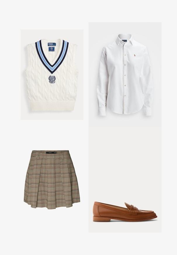 Gilet sans manches en maille torsadée blanche avec col en V rayé bleu et logo Polo Ralph Lauren Wimbledon sur la poitrine.; Chemise blanche à manches longues en coton, dotée d'un col classique et d'un petit logo brodé sur la poitrine.; Vero Moda VMELLIE Mid waist Mini - Jupe trapèze - silver mink; Mocassin en cuir marron avec petit talon en bois, bride classique pour pièce et détails cousus le long de la pointe et des côtés.