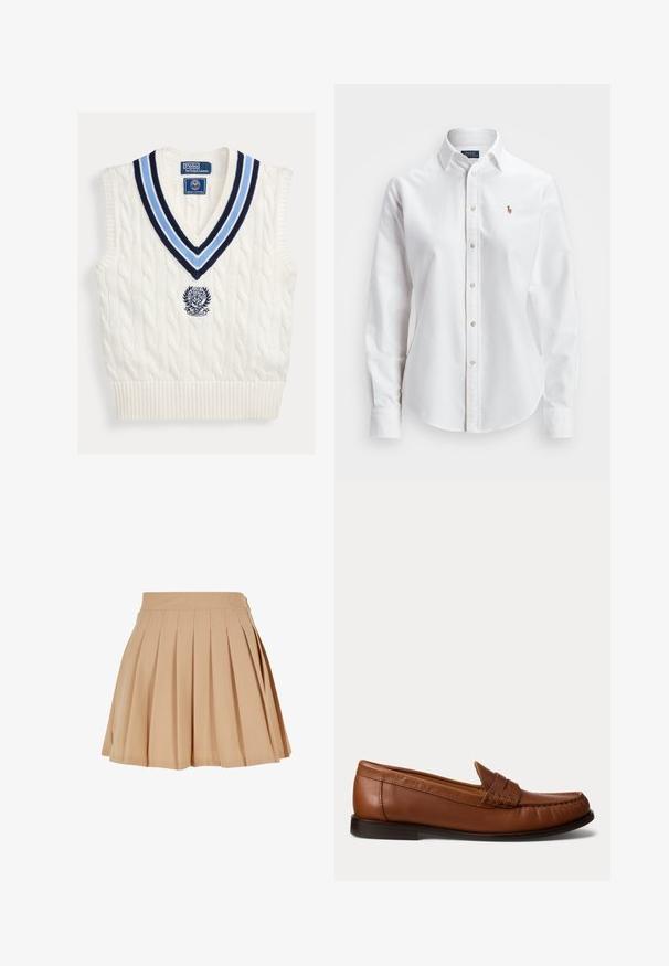 Hvid kabelstrikket ærmeløs sweatervest med blåstribet V-hals og Polo Ralph Lauren Wimbledon-logo på brystet.; Hvid langærmet skjorte med knapper lavet af bomuld, der har en klassisk krave og et lille broderet logo på brystet.; Beige plisseret mini skirt med høj talje og subtilt broderet logo på højre side af taljen.; Brun læderloafer med lav sort hæl, mok-tå-syning og en dekorativ rem over toppen, vist mod en hvid baggrund.