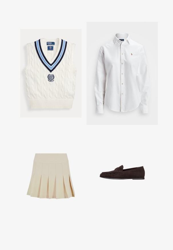 Biely pletený bezrukávový sveter bez rukávov s modrým pruhovaným výstrihom do V a logom Polo Ralph Lauren Wimbledon na hrudi.; Biela košeľa s dlhými rukávmi a gombíkmi vyrobená z bavlny, s klasickým golierom a malým vyšitým logom na hrudi.; Bežová plisovaná sukňa s priliehavým pásom, vyrobená z hladkej tkaniny. Má niekoľko vertikálnych plisovaní a rovný lem.; Tmavohnedý semišový loafer s mokasínovým prešívaním a opaskom na mincu, rovnou podrážkou a nízkym podpätkom.