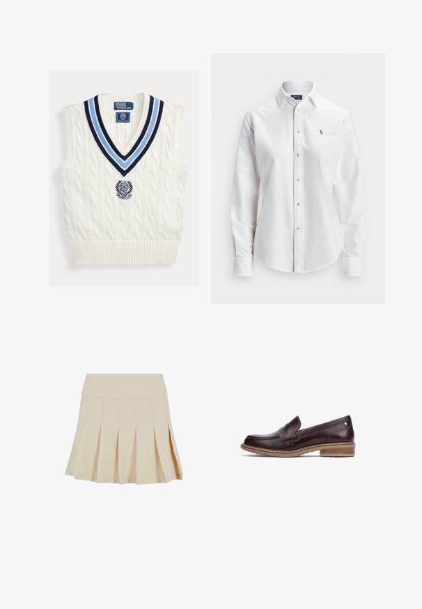 Weißes ärmelloses Strickwest mit Kabelmuster, blau gestreifter V-Ausschnitt und Polo Ralph Lauren Wimbledon-Logo auf der Brust.; Weißes Langarm-Hemd aus Baumwolle mit klassischen Kragen und kleinem gesticktem Logo auf der Brust.; Beige Faltenrock mit einem taillierten Bund, aus einem glatten Stoff gefertigt. Verfügt über mehrere vertikale Falten und einen geraden Saum.; Pikolinos ALDAYA - Slipper - dark brown