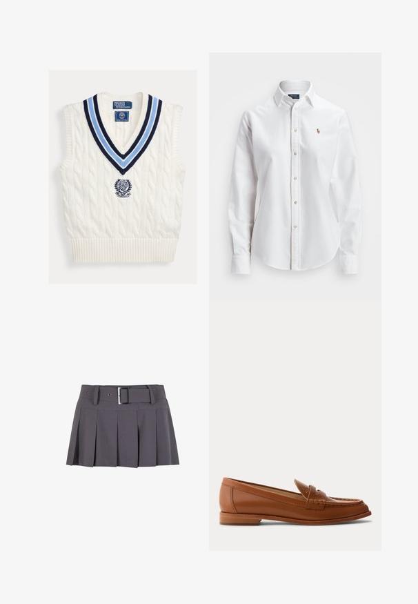 Hvid kabelstrikket ærmeløs sweatervest med blåstribet V-hals og Polo Ralph Lauren Wimbledon-logo på brystet.; Hvid langærmet skjorte med knapper lavet af bomuld, der har en klassisk krave og et lille broderet logo på brystet.; Grå plisseret mini skirt med en glat tekstur, der har en bred taljeafsnit, bæltestropper og en rektangulær sølvspænde detalje.; Brun læderloafer med lavt træsål, klassisk penny-rem og syet detalje langs tå og sider.