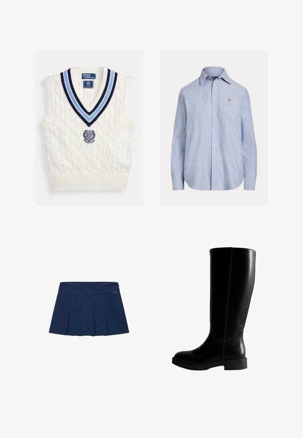 Wit kabelgebreid mouwloos trui-vest met blauw gestreepte V-hals en Polo Ralph Lauren Wimbledon-logo op de borst.; Lichtblauw overhemd met lange mouwen en knopen, met puntige kraag en klein geborduurd logo op de linkerborst.; Marineblauwe geplooide rok met een platte tailleband, gemaakt van een gladde stof. Heeft verticale plooien en een klein merkembleem aan de zijkant.; Knee-high zwarte leren laarzen met een gladde textuur, ronde neus, minimale stiksels en een platte rubberen zool. Eenvoudig, strak ontwerp.