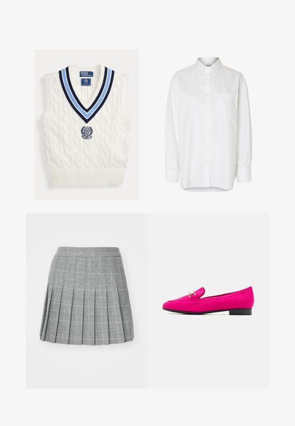 Gilet sans manches en maille torsadée blanche avec col en V rayé bleu et logo Polo Ralph Lauren Wimbledon sur la poitrine.; Chemise blanche à manches longues boutonnée avec col pointu et poche poitrine, présentée sur un fond uni.; Jupe plissée en tissu gris à motif à carreaux. Elle présente une ceinture cintrée et plusieurs plis verticaux pour un look structuré.; Mocassins en daim fuchsia avec un talon plat noir, présentant une sangle décorative et un petit détail de boucle. Texture lisse et silhouette élégante.