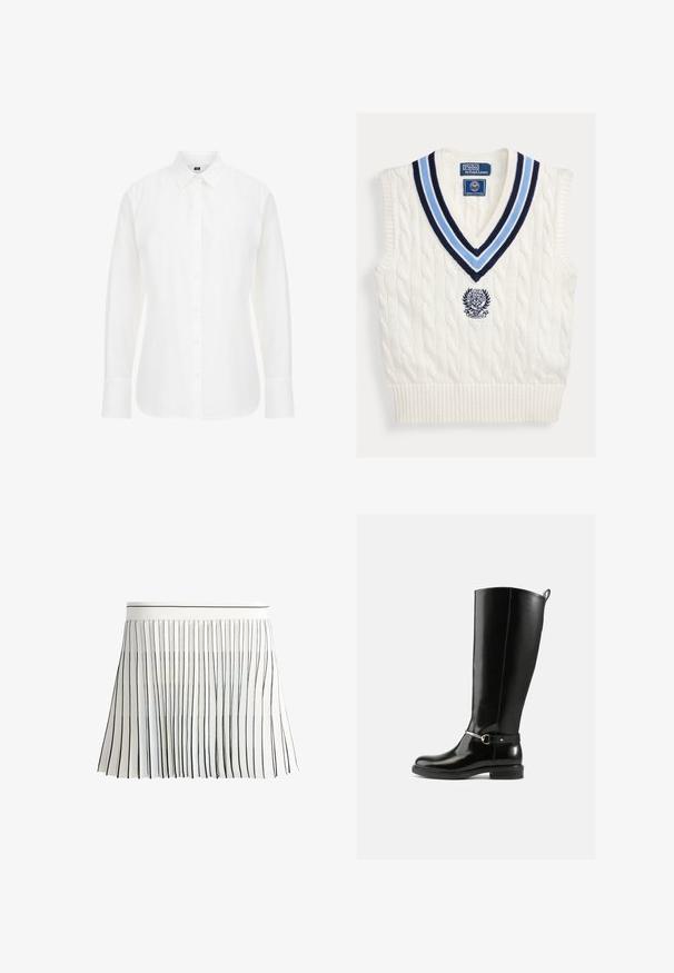 Hvid kabelstrikket ærmeløs sweatervest med blåstribet V-hals og Polo Ralph Lauren Wimbledon-logo på brystet.; Hvid langærmet skjorte lavet af bomuld, med en klassisk krave, frontknapper og lige kant med let afrundede kanter.; Hvid plisseret nederdel med tynde, lodrette sorte striber og en ensfarvet hvid taljebånd.; Sorte knæhøje støvler lavet af blankt læder med en sølvfarvet spænde ved anklen og rundet snude. Flad sål.