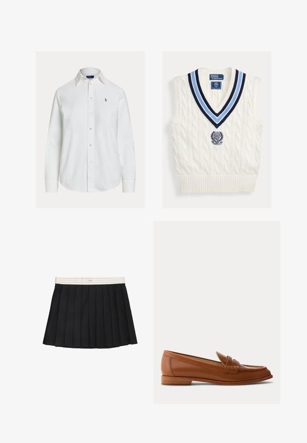 Hvid kabelstrikket ærmeløs sweatervest med blåstribet V-hals og Polo Ralph Lauren Wimbledon-logo på brystet.; Hvid langærmet skjorte med knapper og krave samt lille broderet logo på venstre bryst, vist på ensfarvet baggrund.; Sort plisseret nederdel med en hvid stribet talje. Lavet af glat stof, har den skarpe plisseringer og et logomerke foran på taljen.; Brun læderloafer med lavt træsål, klassisk penny-rem og syet detalje langs tå og sider.