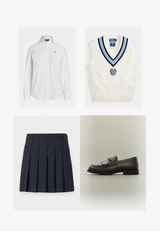 Valge soonikkoes varrukateta kampsunisärk sinise triibulise V-kaeluse ja rinnal asuva Polo Ralph Laureni Wimbledon'i logoga.; Valge pikkade varrukatega nööbitav triiksärk kraega ja vasakul rinnal väikese tikitud logoga, esitatud ühevärvsel taustal.; Tumesinist värvi voltidega seelik, millel on lame vöökoht, valmistatud siledast kangast. Omaduseks mitu vertikaalset voltimist ja kohandatud disain.; Tumepruun nahast loafers palmikutega ja kuldse pandlaga musta tallaga, näidatud küljelt neutraalsel taustal.