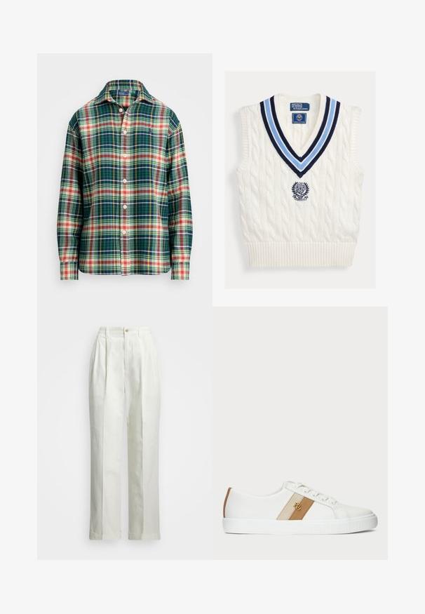 Hvid kabelstrikket ærmeløs sweatervest med blåstribet V-hals og Polo Ralph Lauren Wimbledon-logo på brystet.; Langærmet skjorte med knaplukning, i grøn, marineblå, hvid, orange og gul plaidmønster, med spredt krave og lille broderet logo på brystet.; Hvide bukser lavet af et glat stof med høj talje, brede ben, frontfolder og en rullet kant. Enkel knaplukning i taljen.; Hvide lavtop sneakers med snørrebånd foran, beige og tan sidelister samt gul RL-logo på siden.