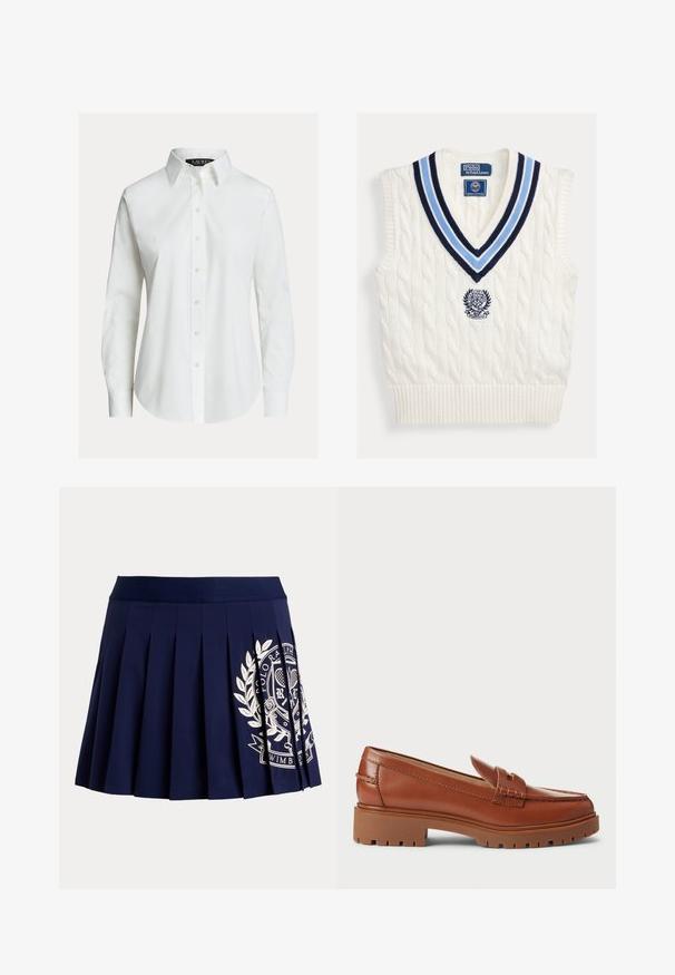 Valge soonikkoes varrukateta kampsunisärk sinise triibulise V-kaeluse ja rinnal asuva Polo Ralph Laureni Wimbledon'i logoga.; Valge pikkade varrukatega triiksärk, esikinnis, terava kraega ja kergelt kaarduvate äärega.; Tumesinine voltidega seelik laia vöökohaga ja valge tenniseteemalise vapilogo paremal allosas.; Pruuni nahast loafers, millel on mokassiini varvas, nähtavad õmblused ja paks, tekstureeritud kummitald. Kuldtoneeritud detailid.