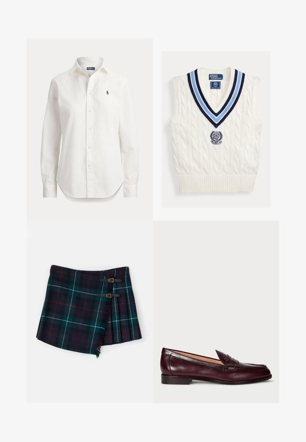 Hvid kabelstrikket ærmeløs sweatervest med blåstribet V-hals og Polo Ralph Lauren Wimbledon-logo på brystet.; Hvid langærmet skjorte med knapper, krave og lille blåt logo af en polospiller på venstre bryst.; Polo Ralph Lauren MINI - Mini skirts - tartan; Bordeaux lær loafers med en glat finish, rund tå, dekorativ syning og en lav hæl. Indersiden har en blød beige foring.
