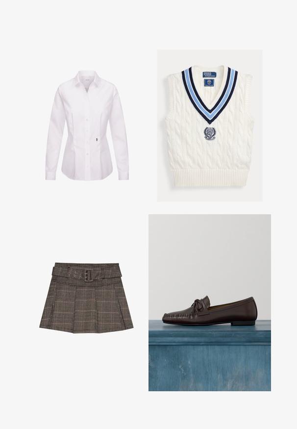 Hvid kabelstrikket ærmeløs sweatervest med blåstribet V-hals og Polo Ralph Lauren Wimbledon-logo på brystet.; Hvid langærmet skjorte med knapper, klassisk krave, frontplade, sidesømme og en sort broderet rosedetalje nær kanten.; Rutet mini nederdel i sort, brun og beige. Har en bælteforstærket talje, plisseringer og et struktureret stof med et geometrisk mønster.; Brune læder loafers med en rundet tå, sløjfedetalje og dekorativ syning langs vampen. Flad sort gummisål.