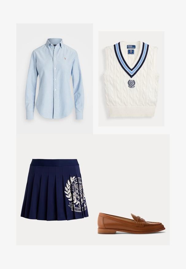 White cable-knit sleeveless sweater vest with blue striped V-neck and Polo Ralph Lauren Wimbledon logo on chest.; Light blue long-sleeve button-up shirt with collar and small embroidered logo on the left chest.; Navy blue pleated skirt with wide waistband and white tennis-themed crest logo on the lower right side.; Brown leather loafer with low wooden heel, classic penny strap, and stitched detailing along the toe and sides.