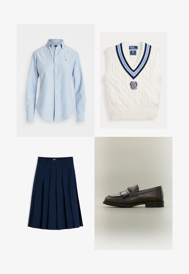 Weißes ärmelloses Strickwest mit Kabelmuster, blau gestreifter V-Ausschnitt und Polo Ralph Lauren Wimbledon-Logo auf der Brust.; Hellblaues Langarmhemd mit Kragen, Knopfleiste und kleinem, auf der linken Brustseite gesticktem Logo.; Marineblauer plissierter Rock mit Gürtelschlaufen und einem kleinen rot-weiß-blauen Logoetikett am Bund, auf weißem Hintergrund dargestellt.; Dunkelbrauner Lederloafer mit Fransen-Detail und goldener Schnalle auf schwarzer Sohle, von der Seite auf neutralem Hintergrund gezeigt.
